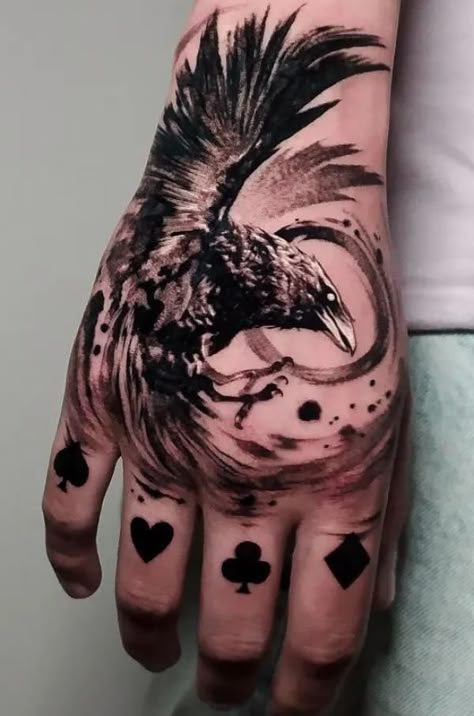 Thumb Tattoo Ideas For Men, Hand Tattoos For Guys Skull, Mans Hand Tattoo Ideas, Crow Hand Tattoo Men, Men Hand Tattoos Ideas Guys, Dragon On Hand Tattoo, Hand Tattoos For Men Ideas Design, Wolf Hand Tattoo Men, Men S Hand Tattoo