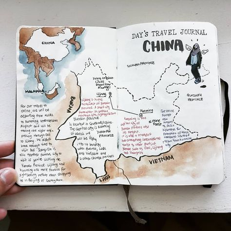 Day on Instagram: “Day in China (Part 1) For this travel journal, I'm using Moleskin classic plain notebook, Schminke Horadam watercolour, Sakura Pigma FB and…” Journalist Ideas, Journal Book Design, Cooking Journal, Chinese Travel, Plain Notebook, Travel Notebook, Diary Journal, Travel Sketches, Watercolor Map