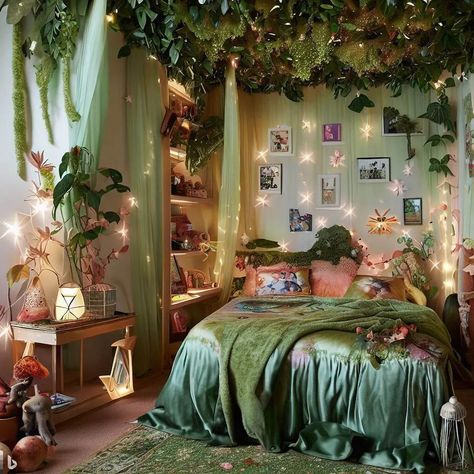 Leafy Room Decor, Room Decor Ideas Forest, Moss On Wall Decor, Fairy Like Room Decor, Fairy Bed Canopy, Fairy Ceiling Lights, Moss Bedroom Wall, Moss Ceiling Bedroom, Canopy Bed Forest