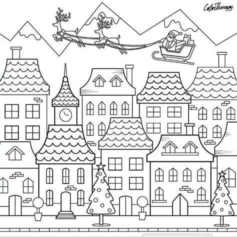 Christmas House Doodle, Christmas Town Drawing, Christmas Village Drawing, Old Town Drawing, Banner Doodle, Town Drawing, Christmas Window Painting, Window Drawing, Coloring Pages Inspirational