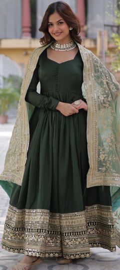 Green color Gown in Shimmer fabric with Embroidered, Sequence, Thread work