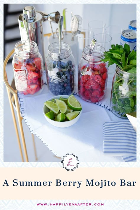 There are few things more delicious than a perfectly ripe summer berry. I also love a cocktail this time of year! I decided to combine the two and create a festive, delicious, and fun Summer Berry Mojito Bar. Many of us are entertaining close friends and family, in small groups, outdoors this summer, so having a cute bar cart set up with a signature cocktail is such a great way to make your time together feel like a party, even if it’s not! | #HappilyEvaAfter #HEAatHome #Cocktails #Mojito Make Your Cocktail Bar, Spa Cocktails Drink Recipes, Cocktail Bars Ideas, Cocktail Bar Birthday Party, Mojito Bar Ideas, Cocktail Bar Set Up For Party, Make Your Own Cocktail Party, Drinks Set Up For Party, Make Your Own Cocktail Bar