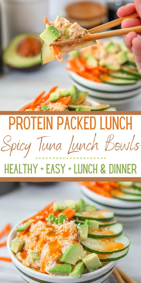 These easy, healthy and delicious tuna lunch bowls will have your lunches prepped in a flash! Say goodbye to your traditional tuna salad and hello to this Spicy Tuna version! It can be whole 30 approved and can be used in many ways like bowls, wraps and sandwiches. Enjoy this easy, addiciting and healthy lunch ready for your meal prep this weekend! Tuna Bowl Meal Prep, Tuna Salads For Lunch, Tuna Prep Meals, Lunch Ideas With Tuna, Tuna Bowl Healthy, Easy Cold Lunch Ideas For Work, Tuna Fish Lunch Ideas, Tuna In Salad, Easy Tuna Lunch Ideas