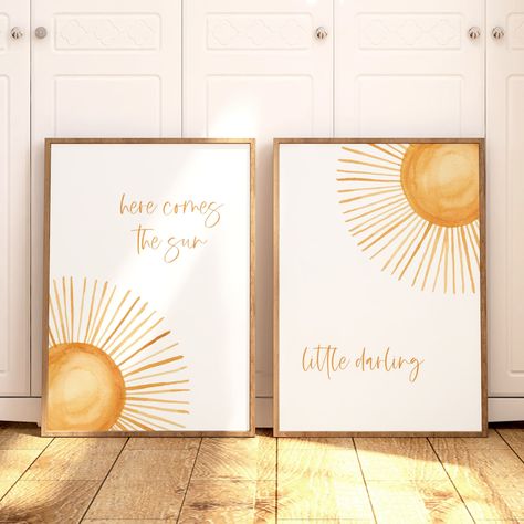 A boho nursery decor set of 2 prints featuring a setting sun and rising sun print. This modern, minimalist nursery print is the perfect addition to complete your boho kids room decor or to give as a special baby shower gift! Boho Setting Sun Nursery Wall Art Print, Set of 2 Prints, Boho Sunshine Print, Boho Wall Art Gender Neutral Kids Wall Art, Sunshine UNFRAMED --- PRINT FEATURES --- Available sizes: 5x7 inch, 8x10 inch, 11x14 inch, 12x16 inch, 12x18 inch, 16x20 inch, 18x24 inch, 20x30 inch an Sunshine Decorations, Baby Room Prints, Boho Baby Room, Nursery Decor Prints, Gender Neutral Nursery Decor, Minimalist Nursery, Sunshine Baby Showers, Yellow Nursery, Nursery Wall Art Boy