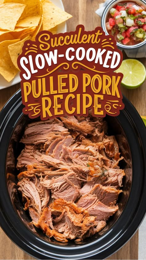 Succulent slow-cooked pulled pork in a crockpot with chips and salsa. Slow Cook Pulled Pork Recipe, Pulled Pork Crockpot, Savory Pulled Pork, Tender Pork Tenderloin, Slow Cooker Pulled Pork Recipe, Pork Loin Crock Pot Recipes, Pork Roast Crock Pot Recipes, Pulled Pork Slow Cooker, Pork Slow Cooker