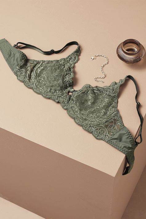 Laydown shot of an Amourette 300 bra from Triumph in colour Sage Green Lingerie Product Photography, Bra Photos, Lingerie Photography, Lingerie Photoshoot, Lingerie Shoot, Clothing Photography, Bra Types, Bra Panty, Bra And Panty Sets