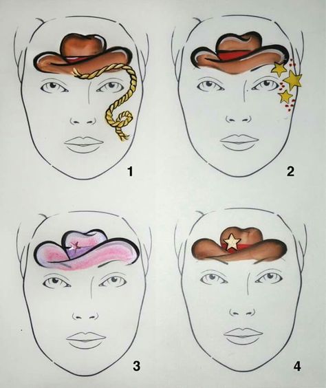 . Cowboy Hat Face Paint, Country Face Paint, Rodeo Face Painting Ideas, Cowgirl Face Paint, Rodeo Face Paint, Western Face Paint, Cowboy Face Paint, Farm Face Paint, Toy Story Face Painting