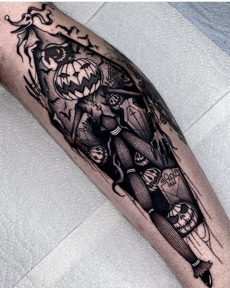 Spider Web Tattoo Elbow, Jack Skellington Tattoo, Halloween Tattoos Sleeve, Tim Burton Tattoo, Jack Tattoo, Chest Tattoo Ideas, Pumpkin Tattoo, Autumn Tattoo, Chest Hair