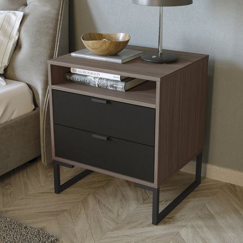 Latitude Run® Jolynne 24.4'' Tall 2 - Drawer Nightstand & Reviews | Wayfair Black And Brown Night Stand, Diy Bedside Table, Reading Lamps, Nightstand Wood, Mid Century Modern Nightstand, Night Reading, Black Nightstand, Side Tables Bedroom, Table Color