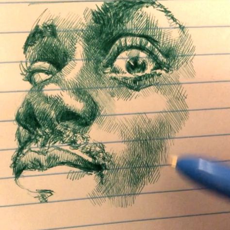 Biro Drawing Face, Pen Face Sketch, Ink Face Drawing, Pen Drawing Face, Lined Paper Drawing, Bic Pen Drawing, Pen Shading, Portfolio Sketchbook, Inking Art