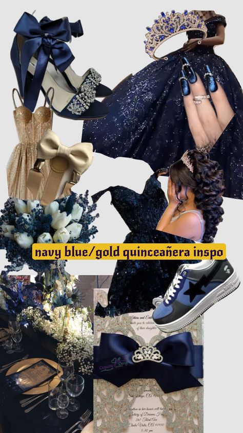 Navy Blue Quinceanera Ideas, Royal Blue And Gold Quinceanera, Blue Quinceanera Ideas, Navy Blue Quinceanera, Vestido Charro, Quince Themes, Quinceanera Themes Dresses, Quinceanera Dresses Gold, Quinceanera Planning