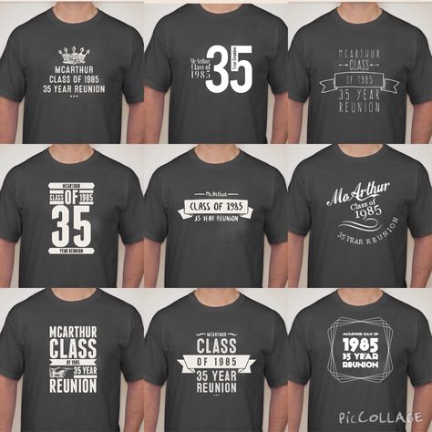 High school reunion favor Tshirt designs. 35 year reunion. #mcarthurclassof1985 Alumni Shirts High School, School Reunion Shirts Ideas Design, High School Reunion Shirts Ideas Design, 20 Year Class Reunion Shirt Ideas, Batch Reunion Tshirt Design, School Reunion Tshirt Design, Class Reunion Tshirt Ideas, Alumni Tshirt Design Ideas, Class Reunion Shirts