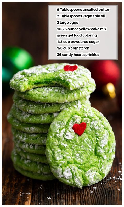 Things I Love by Amanda Davis - Grinch Cookies! RECIPE HERE! --> https://buff.ly/47pmuRp Grinch cookies come together quickly in only 30 minutes total and are a super fun addition to Christmas cookie swaps and parties. | Facebook Easy Grinch Cookies, Red Frosting, Grinch Cookies, Cinnamon Candy, Holiday Desserts Table, Easy Christmas Cookie Recipes, Boxed Cake, Snowball Cookies, Green Food