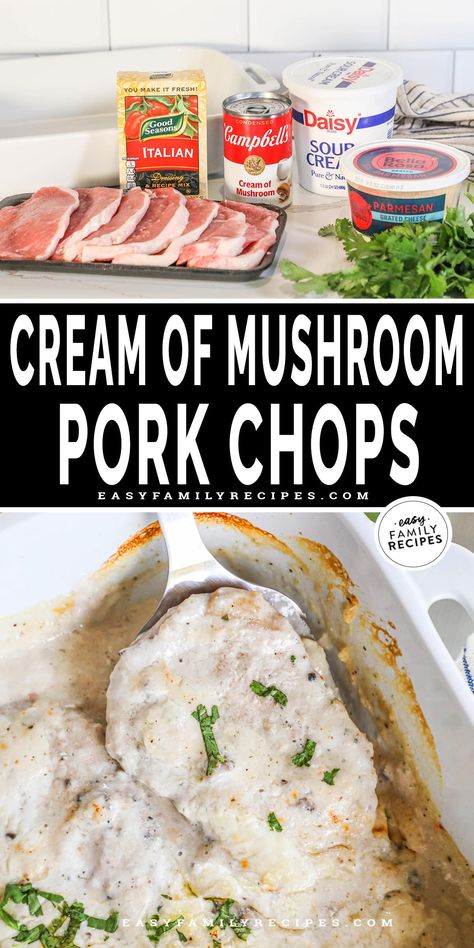 Cream Of Mushroom Pork Chops, Mushroom Soup Pork Chops, Pork Chop Casserole Recipes, Cheesy Pork Chops, Pork Chops Easy, Oven Pork Chops, Pork Chop Casserole, Baked Pork Chops Oven, Mushroom Pork Chops