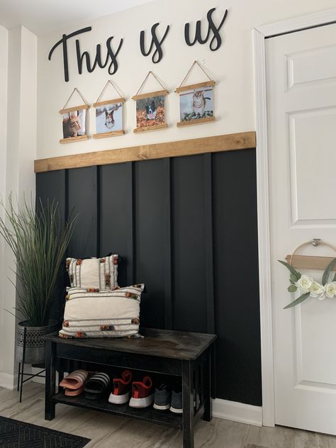 Entryway Walls Ideas, Half Accent Wall Hallway, Black Accent Wall Foyer, Entryway Welcome Sign, Black Trim Entryway, Black Wainscoting Entryway, Black Board And Batten Wall Entryway, Entryway Accent Wall Ideas Wood, Black Beadboard Entryway