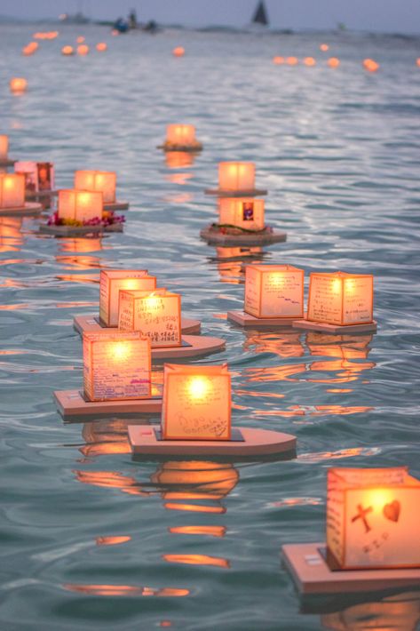 Memorial Day Lantern Floating In Hawaii Floating Lanterns Aesthetic, Lanterns Aesthetic, Floating Paper Lanterns, Water Lantern Festival, Lantern Aesthetic, Haleiwa Hawaii, Water Lantern, Lantern Painting, Turtle Bay Resort