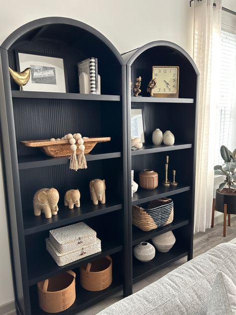 Black Bookcase Aesthetic, Black Living Room Shelves, Bookshelf Styling Modern, Styling Black Bookshelves, Iron Ore Bookshelves, Black Bookcase Styling, Open Bookshelf Styling, Black Bookshelf Decor, Pottery Barn Bookshelf