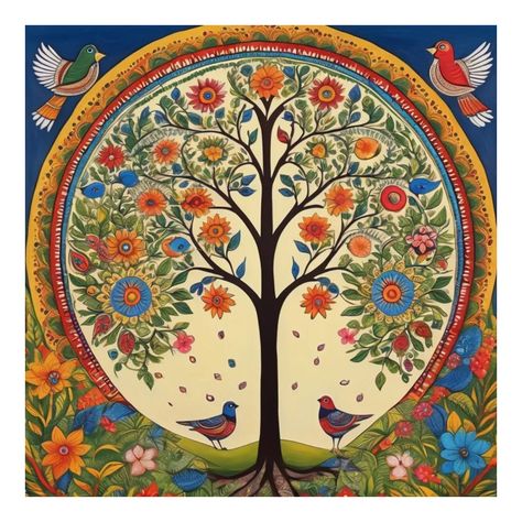 A Madhubani painting that celebrates the beauty of nature. Madhubani Painting " The Beauty Of Nature" (ART-15561-103279) - Handpainted Art Painting - 10in X 10in by Trending Art. Please click here to buy this painting https://www.fizdi.com/madhubani-painting-the-beauty-of-nature-art-15561-103279-handpainted-art-painting-10in-x-10in/ #fizdiofficial #painting #artoftheday #instaart #folkart #art #folk #handmade #artwork #fineart #madhubani #mixedmedia #canvas Madhubani Art Tree, Kalpavruksh Tree Painting, Kalpavruksh Tree, Folk Art Trees, Madhubani Print, Indian Room, Painting Styles, Folk Painting, Durga Painting