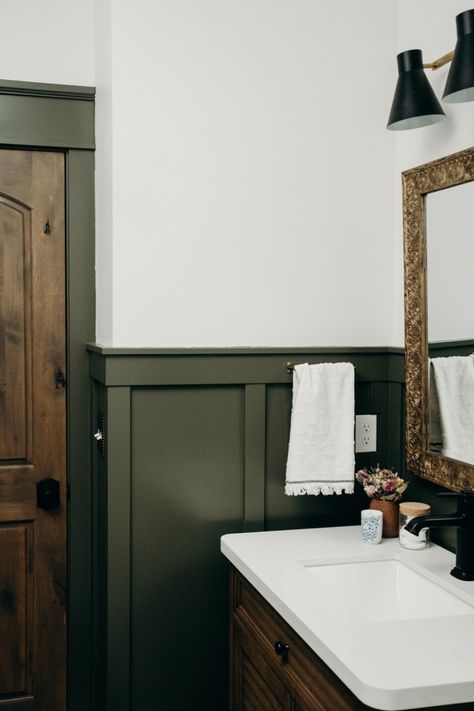 BATHROOM REVEAL: Vintage Dark Green Wainscoting - Guest Bathroom Wainscoting, Green Guest Bathroom Ideas, Bathroom Wainscotting And Wallpaper, Dark Green Wainscoting, Dark Green Bathroom Decor, Green Wainscoting, Daycare Bathroom, Small Guest Bathroom, Gothic Farmhouse