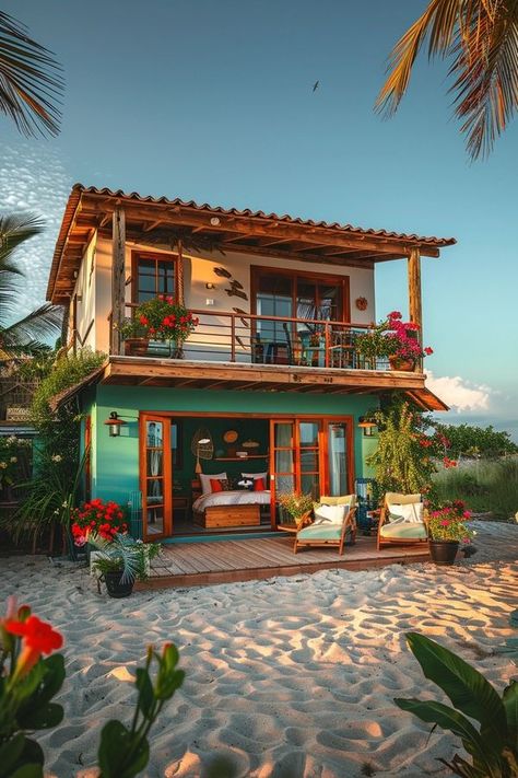 Gabriela CR Family Tiny Home Village, Beach Hut Architecture, Mexican Tiny House, Puerto Rico Beach House, Hippie Tiny House, Small Island House, Beach House Doors, Small Coastal House, Hawaiian Architecture