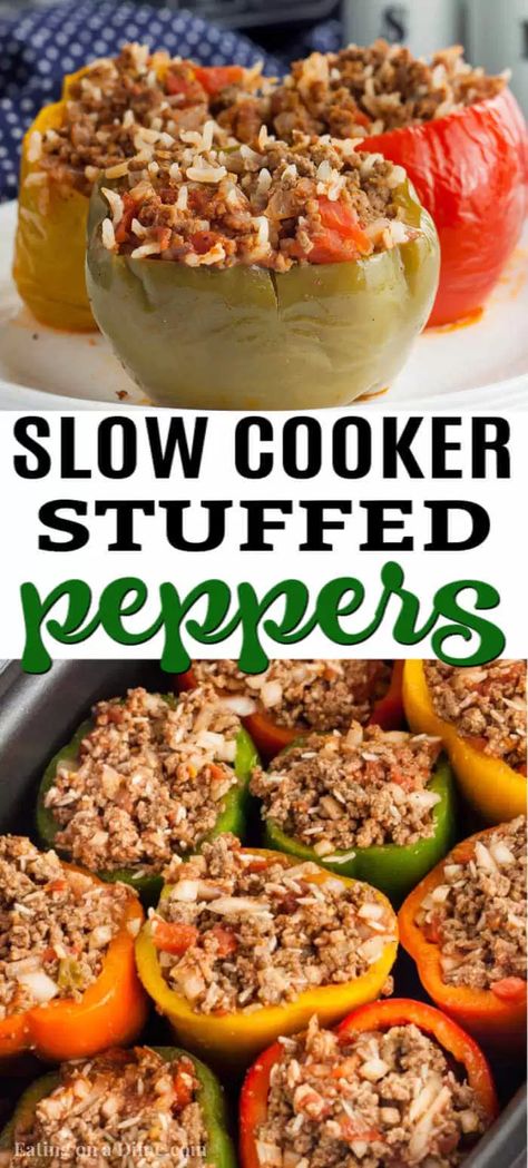 Need an easy crock pot recipe? Try this delicious Crock pot Stuffed Peppers recipe that is better than the traditional stuffed peppers recipe. Stuffed Pepper Crock Pot Recipe, Crock Pot Stuffed Peppers Easy, Crockpot Recipes Stuffed Peppers, Crockpot Recipes With Peppers, Stuffed Peppers In The Crockpot, Crock Pot Stuffed Peppers Slow Cooker, Stuff Peppers In Crock Pot, Crockpot Stuffed Peppers Easy, Stuffed Bell Peppers Ground Beef Crock Pot