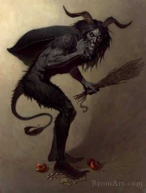 Krampus- alpine folklore: a dark tall figure that has two curled horns and goat legs and tail. He would come to each house every year to kidnap all the naughty children in a big bag that he threw over his shoulder. Dark Fantasy Book, Art Alien, A Broom, Angels And Demons, Horror Art, Fantasy Books, Art Moderne, Dark Fantasy Art, Yule