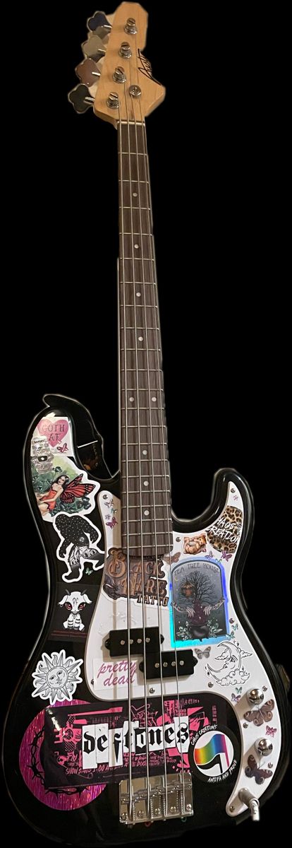 Punk Guitar Aesthetic, Stickers On Bass Guitar, Bass Sticker, Stickerbomb Guitar, Punk Electric Guitar, Bass With Stickers, Grunge Bass Guitar, Punk Bass Guitar, Bass Guitar Art