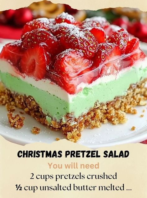 Quick Soup Recipes | Christmas Pretzel Salad | Facebook Christmas Pretzel Salad, Hello Pretzel Salad, Christmas Desserts Pretzels, Different Christmas Dinner Ideas, Christmas Pretzel, Christmas Pretzels, Quick Soup Recipes, Quick Soup, Pretzel Salad