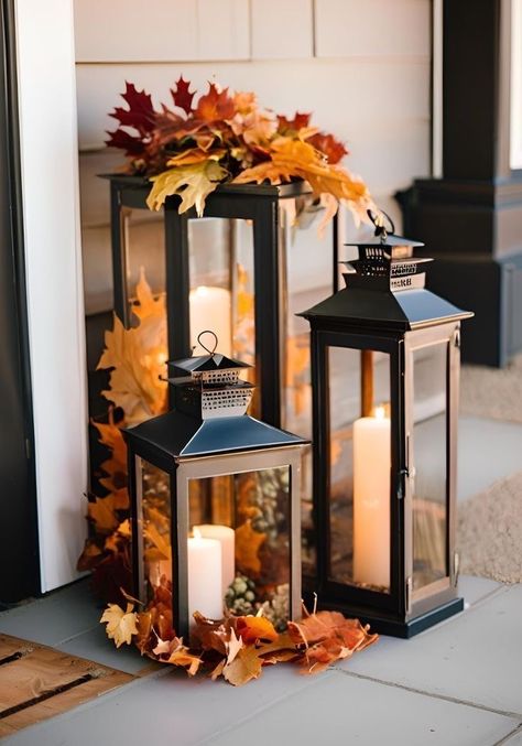 Fall Decor Top Of Fridge, Autumn Decorations House, Fall Decor Ideas Entertainment Center, Fall Porch Light Decorations, Fall Decor With Lanterns, Fall Porch Lanterns Decor Ideas, Fall Decor House, Fall Home Decor Porch, Fall Fireplace Decor Ideas