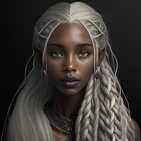 White Hair Dark Skin Character Design, Black Skin White Hair, Dark Skin White Hair Character Art, Black Elf Woman, Dark Skinned Elf, Dark Skin White Hair, White Hair Elf, Dark Elf Female, Black Elves