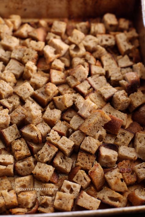 Everything is better homemade; right down to the dry bread cubes for stuffing! Extra bonus is if you have a loaf of homemade sourdough that is a day old, it makes the most amazing cubes for stuffing. There are many ways you can dry the cubes; some leave them out on the counter to dry and “stale,” Homemade Stuffing Bread Cubes, Bread Stuffing Recipes Homemade, Bread Cubes For Stuffing, Recipes With Old Bread, Stuffing Mix Recipes, Pepperidge Farm Stuffing, Dressing Recipes Thanksgiving, Honey Wheat Bread, Gluten Free Stuffing