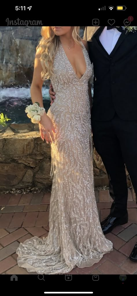 Champagne Gold Formal Dresses, White Beaded Prom Dress, Champagne Debs Dress, Senior Prom Dresses Gold, Cream Sparkly Prom Dress, Neutral Color Prom Dresses, Prom Dresses 2024 Sparkly, Sparkly Fitted Prom Dress, Champagne Sparkly Dress