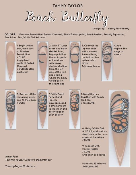 Nail Painting Tips, Peach Butterfly, Butterfly Step By Step, Nail Tech School, Nailart Tutorial, Tammy Taylor Nails, Nail Tutorial Videos, Business Nails, Nail Tip Designs