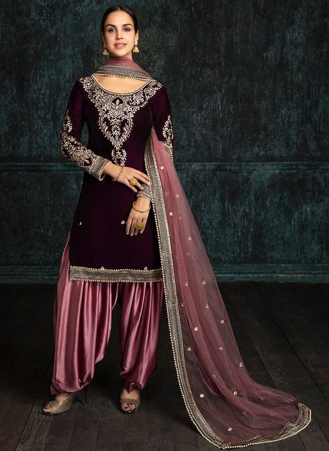 Deep Plum and Rose Velvet Punjabi Suit Velvet Punjabi Suits, Organza Anarkali, Velvet Palazzo, Punjabi Suits Patiala, Gharara Designs, Sharara Designs, Punjabi Salwar, Punjabi Outfits, Punjabi Dress