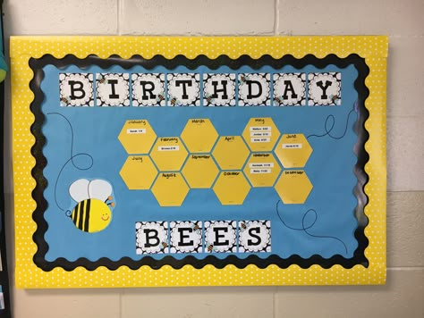 Happy Bee Day Bulletin Board, Birthday Bees Classroom, Classroom Themes Daycare Fall, Bee Birthday Chart Classroom, Bee Kindergarten Classroom, Bumble Bee Birthday Board Classroom, Bee Birthday Bulletin Board Ideas, Preschool Bee Theme Classroom Decor, Bee Birthday Board Classroom