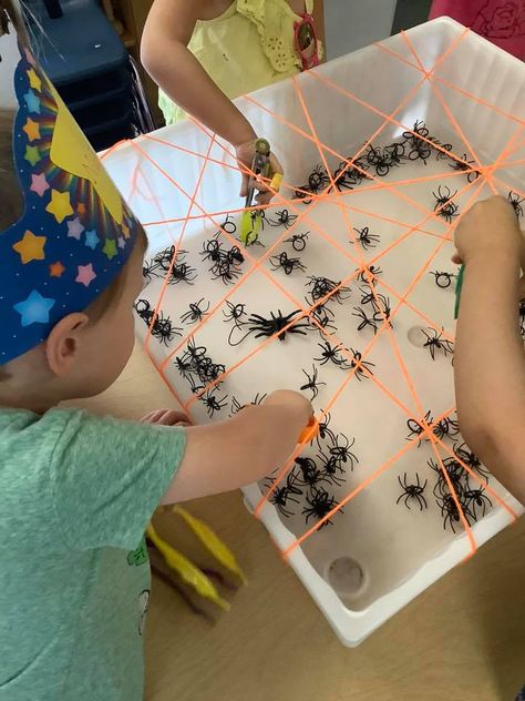 Spider Web Fine Motor Activity. TeachersMag.com Spider Web Sensory Bin, Spider Web Fine Motor Activity, The Very Busy Spider Sensory Bin, Spider Web Activities For Preschool, Spider Ring Activities, Pin The Spider On The Web, Spider Activities For Toddlers, Incy Wincy Spider Activities Eyfs, Bug Preschool Activities