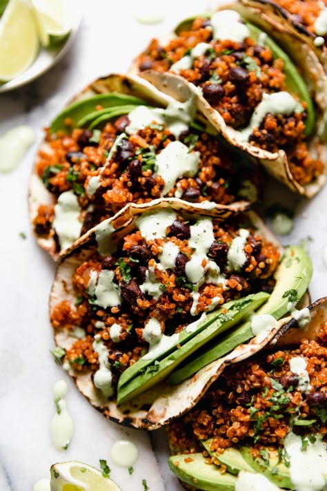 Quinoa Black Bean Tacos with Cilantro Lime Crema – Your new favorite vegan taco recipe! Easy vegan tacos made with hearty black bean quinoa taco meat. This easy taco recipe comes together in 30 minutes or less. It's made with pantry staples. Naturally vegetarian vegan, dairy-free, gluten-free. #playswellwithbutter #vegetariantacos #blackbeantacos #tacotuesday #vegantacos #plantbasedrecipesforbeginners #plantbasedmeals #plantbaseddinner #veganrecipes #vegandinner Cilantro Lime Crema, Cilantro Tacos, Plantbased Dinner, Vegan Tacos Recipes, Vegan Tacos Meat, Quinoa Tacos, Grilled Lemon Chicken, Easy Taco Recipes, Lime Crema