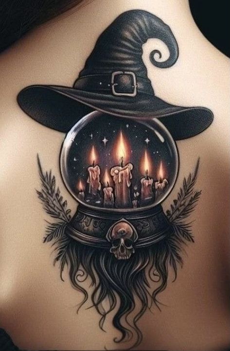 Wiccan Back Tattoo, Upper Thigh And Hip Tattoo Women, Halloween Half Sleeve Tattoos For Women, Witch Hat Tattoo Design, Tattoos For Women Witchy, Halloween Witch Tattoo, The Witch Tattoo, Tattoo Bein Frau, Fall Tattoo