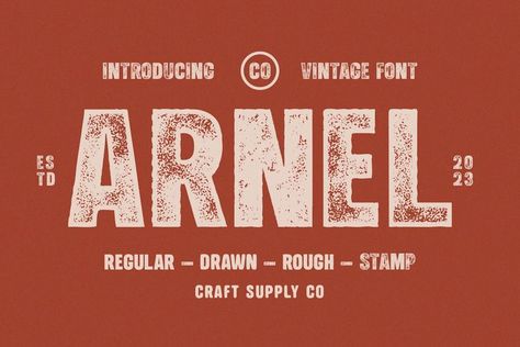 Arnel Vintage Font is a striking sans-serif typeface that effortlessly embodies the rustic charm of vintage stamps, capturing a raw and hand-drawn aesthetic. This font is tailor-made for all your vintage display needs, exuding an authentic and weathered appearance that harks back to yesteryears. Stamp Font, Hand Drawn Typeface, Western Font, Futuristic Fonts, Vintage Font, Sans Serif Typeface, Vintage Display, Creative Fonts, Serif Typeface