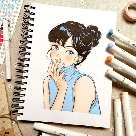 Ohuhu Art Ideas, Drawing With Ohuhu Markers, Cute Girly Drawings, Instagram Blue Theme, Art Markers Drawing Ideas, Cute Marker Drawings, Alcohol Markers Art Ideas, Ohuhu Markers Art, Alcohol Marker Art