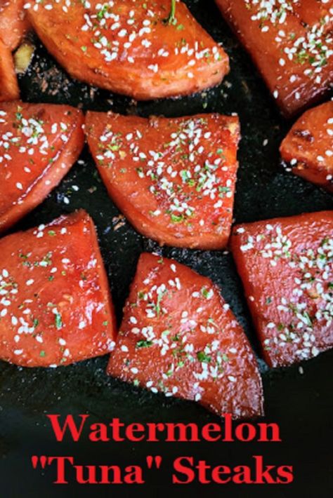 Surprising how watermelon, when baked, takes on a fish-like texture. These mind bending little vegan steaks are spicy, savory and just a little bit sweet. The perfect hydrating treat this summer! Vegan Steak, Food Recipes Easy, Running Mom, Meatless Main Dishes, Tuna Steaks, Frozen Puff Pastry, Puff Pastry Sheets, Pastry Sheets, Mixed Greens