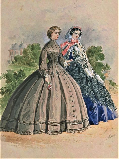 Fashion Plate - La Mode Illustree - 1861 Little Women Costumes, 19th Century Dress, 1860s Dresses, Historical Gowns, 1830s Fashion, Victorian Era Fashion, 1860 Fashion, Ancient Dress, 19th Century Clothing