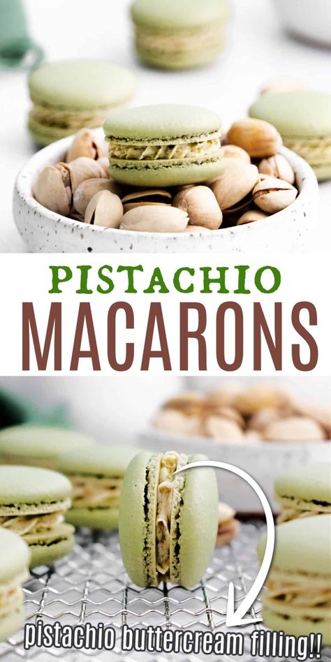 Pistachio Macarons bring a little nuttiness to the dainty French cookie! Decadent meringue based cookies are held together with a pistachio buttercream frosting. Impress your family and friends with these perfect homemade macarons. Macaroons Pistachio, Pistachio Macaron Recipe, 21 Cookies, Macaron Fillings, Easy Macaroons, Pistachio Buttercream, Easy Macaroons Recipe, French Macaroon Recipes, Homemade Macarons