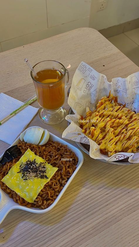 #ramen #ramennoodle #samyang #cheese #slice #fries #cheesy #lemon #tea Samyang Cheese, Fries Aesthetic, Samyang Ramen, Cheesy Fries, Cheese Slice, Delicious Snacks, Lemon Tea, Cafe Menu, Delicious Snacks Recipes