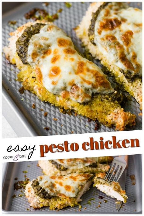 Easy Pesto Chicken is a flavor packed chicken recipe that only needs 4 ingredients and 5 minutes of prep time! A great low-carb dinner idea. #cookiesandcups #pestochicken #chickenrecipe #chickendinner #chickenbreasts #bakedchicken #dinnerrecipe #lowcarb #dinner Breadcrumb Chicken, Easy Pesto Chicken, Baked Pesto Chicken, Easy Chicken Dinner, Popular Dinner Recipes, Healthier Meals, Quick Chicken Recipes, Protein Packed Meals, Carb Dinner