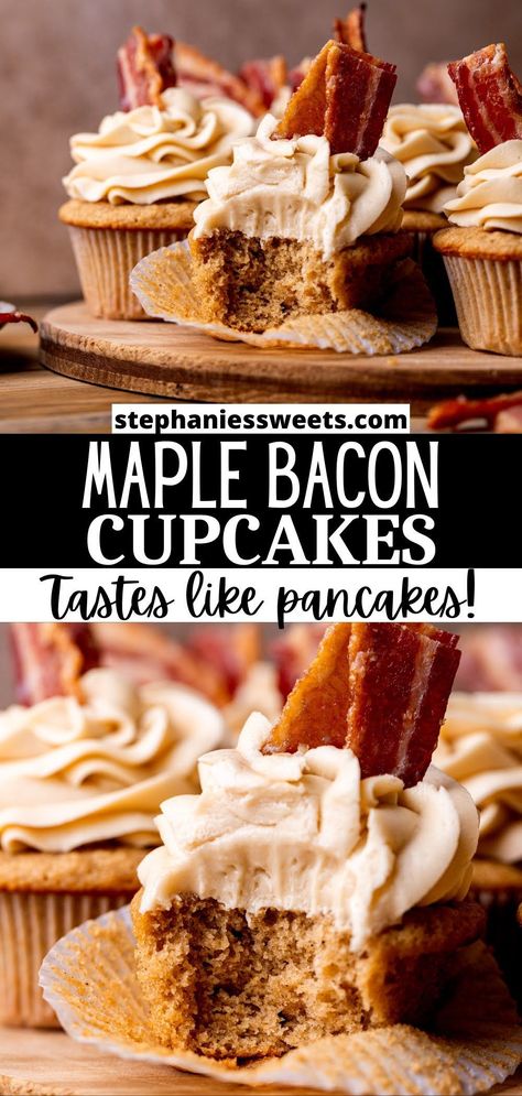 Maple Bacon Cupcakes Cake Mix Recipe, Maple Pancake Cupcakes, Maple Bacon Pancake Cupcakes, Maple Bacon Cake Pops, September Cupcakes Ideas, Maple Bacon Desserts, Maple Bacon Cake Recipe, Manly Snacks, Candied Bacon Cupcakes