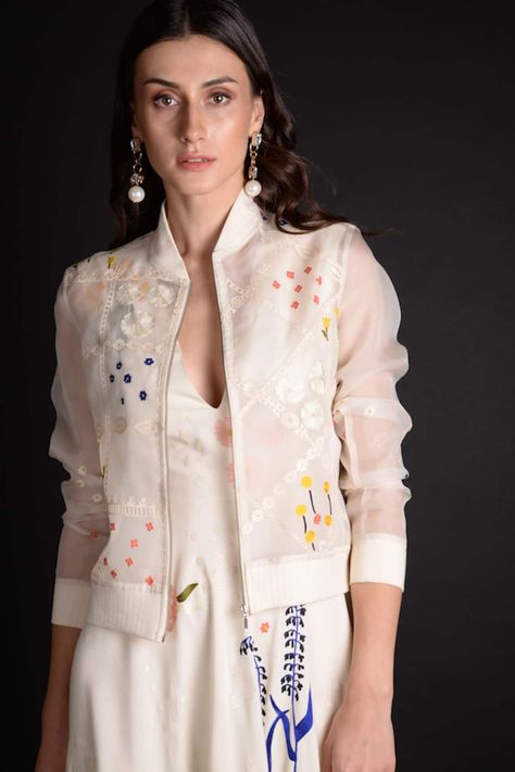 Buy White Silk Organza Band Collar Abr Bomber Jacket For Women by Sahil Kochhar Online at Aza Fashions. Sahil Kochhar, Silk Dress Design, Curvy Women Dresses, Organza Jacket, Simple Frock Design, Applique Work, Embroidered Neckline, Jacket For Women, Fashion Board