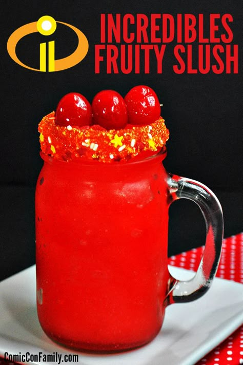 If your a Disney/Pixar’s Incredibles fan, then you’re going to love this Incredibles Fruity Slush Recipe! This frozen drink only needs 5 ingredients and is super simple to make for hot summer days, Incredibles birthday party, or movie nights! #disney #pixar #incredibles2 Incredibles Movie Night Food, The Incredibles Food Ideas, Drinks Inspired By Movies, Incredibles Birthday Party Food, The Incredibles Dinner And A Movie, The Incredibles Movie Night, Incredibles Dinner And A Movie, Super Ideas Dinners, Movie Night Cocktails