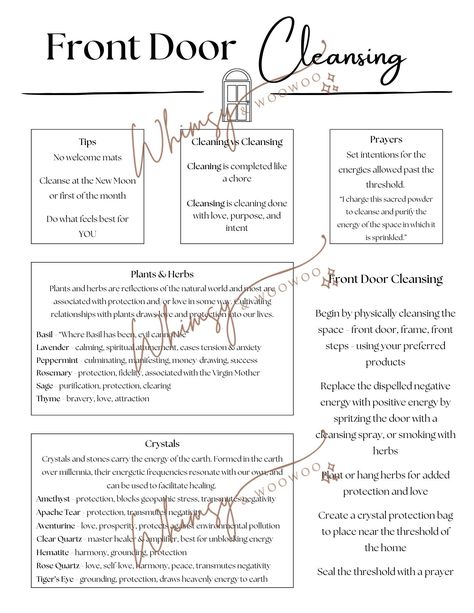 Front Door Cleansing Grimoire Page - 1 downloadable pdf file (downloaded pdf will not have watermarks) Cleansing Front Door, Door Cleansing Ritual, Front Door Cleansing Ritual, Front Door Protection, Spiritual Remedies, Feng Shui Front Door, Personal Philosophy, Beginner Witch, Cleansing Spray