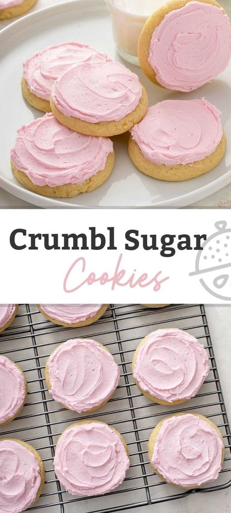 Pink Snickerdoodle Cookies, Cookie Recipes Crumbl Copycat, Cooking With Karli Copycat Crumbl Chilled Sugar Cookies, Crumbl Cookies Pink Sugar, Best Cookie Frosting Recipe, Soft Sugar Cookies With Frosting, Cookie With Frosting Recipes, Crumble Pink Sugar Cookie Recipe, Pink Frosting Cookies